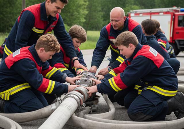 Junge Feuerwehrmitglieder üben gemeinsam mit Betreuern den Aufbau einer Schlauchleitung