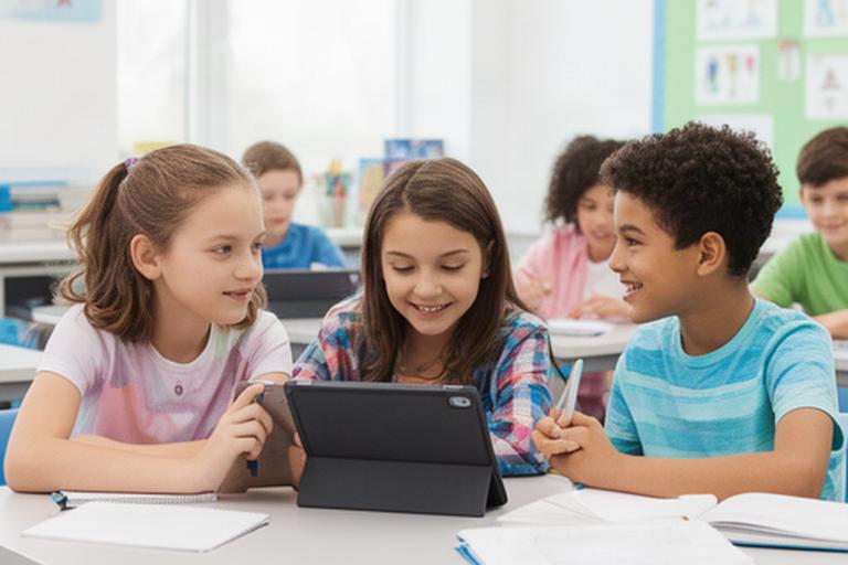 Schülerinnen und Schüler der Grundschule Engeo arbeiten gemeinsam an Tablets in einem hellen Klassenraum