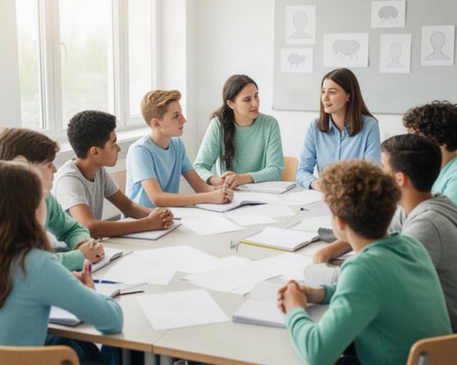 Jugendliche bei einem Workshop zu Medienkompetenz in einem hellen Klassenraum der Oste-Hauptschule