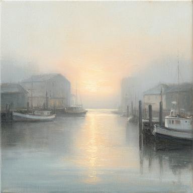 Kleines Gemälde eines Hafens im Morgenlicht aus dem Atelier von Lisa von der Oste