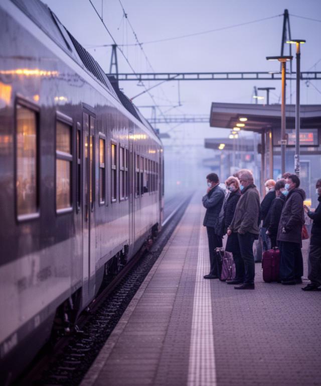 Pendlerzug am Bahnhof Bremervörde an einem frühen Morgen mit Reisenden auf dem Bahnsteig