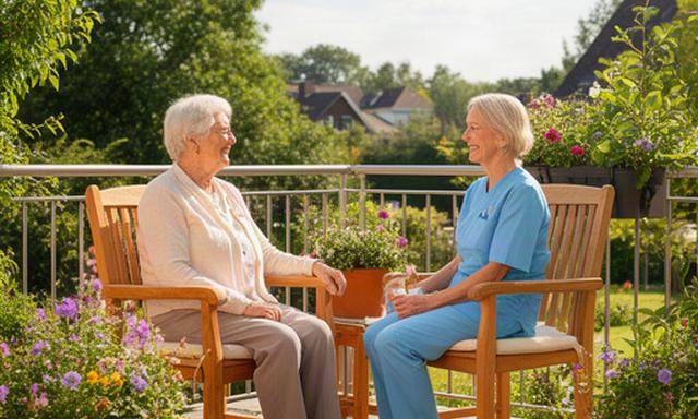 Bewohnerin und Betreuungskraft auf der sonnigen Terrasse einer Pflegeeinrichtung in Hesedorf