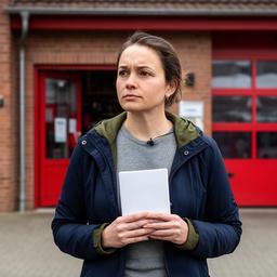 Erena Daulatzai steht mit Notizbuch vor einem Feuerwehrhaus im Landkreis Rotenburg