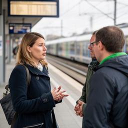 Toria Raasch spricht mit Pendlern an einem Bahnhof in Bremervörde
