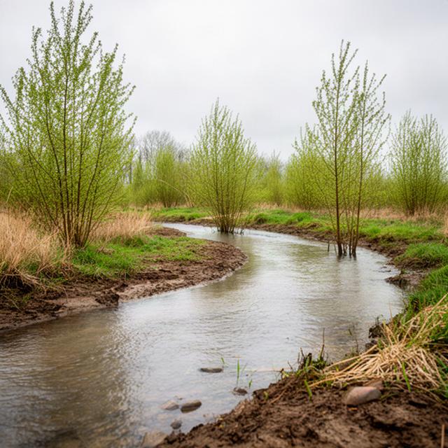 Renaturierte Uferzone der Oste bei Bremervörde mit jungen Weiden und flachem Wasser