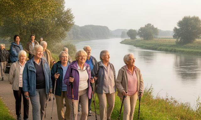 Gruppe älterer Menschen bei einem begleiteten Ausflug an der Oste nahe Bremervörde