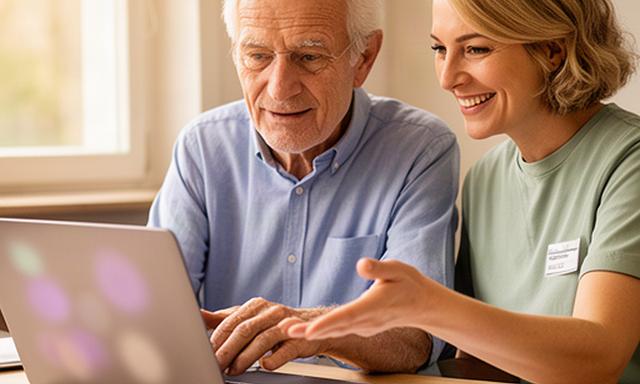 Senior und ehrenamtliche Beraterin beim Computertreff an einem Laptop in Bremervörde