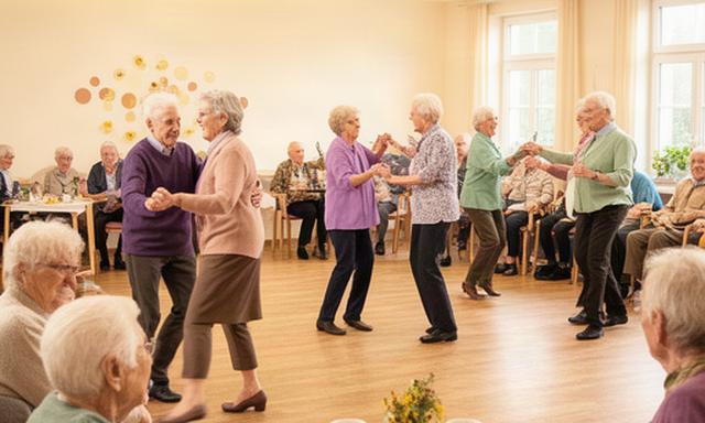 Seniorinnen und Senioren bei einem Tanztee in einem hellen Begegnungsraum in Bremervörde