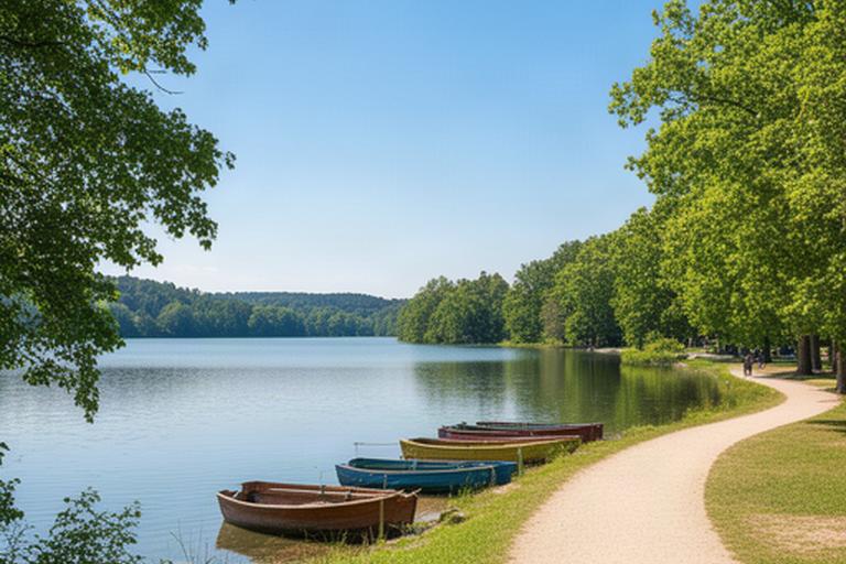Vörder See mit Ruderbooten, Uferweg und grünen Bäumen an einem klaren Sommertag
