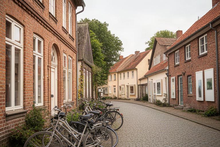 Historische Straße im Künstlerdorf Worpswede mit Galerien, Backsteinhäusern und Fahrrädern